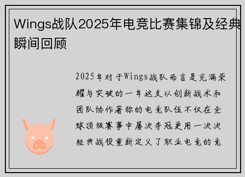 Wings战队2025年电竞比赛集锦及经典瞬间回顾